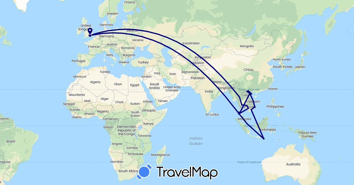 TravelMap itinerary: driving in United Kingdom, Indonesia, Cambodia, Singapore, Thailand, Vietnam (Asia, Europe)